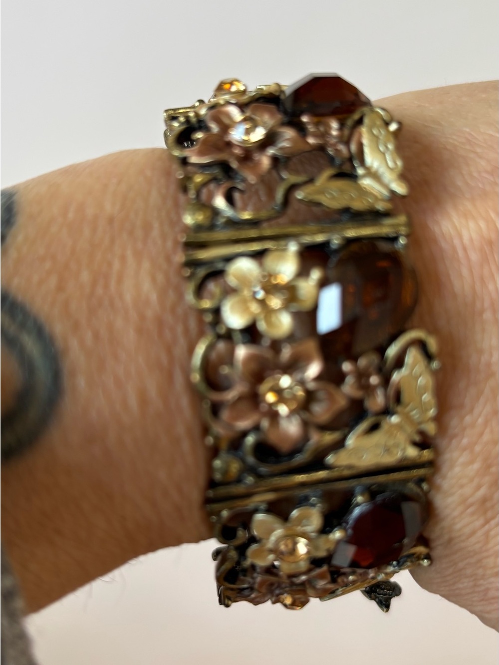 Vintage Cuff Bracelet with Amber , Topaz Rhinestones-Floral Butterlies